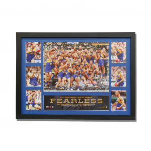 A black frame holds individual player photos and one large photo of the West Coast Eagles 2018 premiership team. The stats from the game are also included.