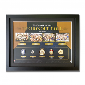 A collection of photos and replica medals won by the West Coast Eagles. West Coast Memorabilia